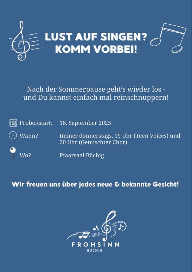 Wir sind zurück aus der Sommerpause ☀️ Am 18. September 2025 starten wir wieder mit den Proben - und Du kannst dabei sein! Egal ob Du schon länger dabei bist oder zum ersten Mal reinschnuppern willst: Wir freuen uns auf neue und bekannte Stimmen! 🎶🎤
