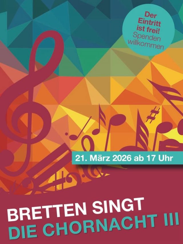 Die Chornacht III - Besucht uns ab 20:30 Uhr in der Stiftskirche! 🎶 

Am 21. März bringen die Brettener Chöre die Stadt zum Klingen.
Gemeinsam mit dem Amt Bildung und Kultur gestalten Chöre aus Bretten und den Stadtteilen die dritte Chornacht „Bretten singt“. In diesem Jahr präsentieren die Chöre einen Querschnitt ihres vielfältigen Repertoires in der Stiftskirche, der Kreuzkirche, im Ratssaal des Neuen Rathauses und in der Aula der Beruflichen Schulen. Vom Schülerchor über Kirchen- und Gospelchöre bis zum Jazz- und Swingchor reichen die Stilrichtungen. Der Alfred-Leicht-Platz vor dem Neuen Rathaus ist der Knotenpunkt des Abends. Hier wird für Ihr leibliches Wohl gesorgt und gemeinsam der Ausklang der dritten Brettener Chornacht besungen.