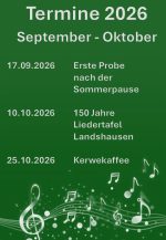 🎵𝗗𝗶𝗲 𝗦𝗼𝗺𝗺𝗲𝗿𝗽𝗮𝘂𝘀𝗲 𝗴𝗲𝗵𝘁 𝘇𝘂 𝗘𝗻𝗱𝗲! 🍂

Wir hoffen, ihr hattet einen tollen Sommer! Im 𝗦𝗲𝗽𝘁𝗲𝗺𝗯𝗲𝗿 starten wir wieder mit den Proben und freuen uns schon riesig auf die Bühne. 🎤✨

Im 𝗢𝗸𝘁𝗼𝗯𝗲𝗿 stehen direkt zwei Highlights an – Auftritt bei der Liedertafel Landshausen und unser traditioneller Kerwekaffee!👇 
Wir freuen uns auf euch! 🎶☕🍰

#Saisonstart #Liedertafel #Landshausen #Kerwekaffee #Chormusik #Herbsttermine #Livemusik #Vorfreude