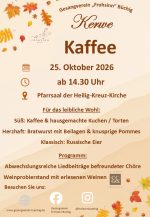 ☕🍰🌭 𝗘𝘀 𝗶𝘀𝘁 𝘄𝗶𝗲𝗱𝗲𝗿 𝗞𝗲𝗿𝘄𝗲𝘇𝗲𝗶𝘁 𝗶𝗻 𝗕𝘂̈𝗰𝗵𝗶𝗴! 🌭🍰☕

Was gibt es Schöneres an Kerwe, als sich mit Familie, Freunden und Nachbarn bei gutem Essen zu treffen? 

Der 𝗚𝗩 𝗙𝗿𝗼𝗵𝘀𝗶𝗻𝗻 𝗕𝘂̈𝗰𝗵𝗶𝗴 lädt euch alle ganz herzlich zu unserem 𝘁𝗿𝗮𝗱𝗶𝘁𝗶𝗼𝗻𝗲𝗹𝗹𝗲𝗻 𝗞𝗲𝗿𝘄𝗲𝗸𝗮𝗳𝗳𝗲𝗲 ein!

📅 𝗪𝗮𝗻𝗻: Sonntag, 25.10.2026 ab 14:30 Uhr
📍 𝗪𝗼: Pfarrsaal Bretten-Büchig

Bei uns bleibt am Sonntag garantiert niemand hungrig:
🍰 Eine riesige Auswahl an selbstgebackenen Torten, leckeren Kuchen und frischem Kaffee.

🌭 Für den herzhaften Hunger gibt es 𝗕𝗿𝗮𝘁𝘄𝘂𝗿𝘀𝘁, 𝗣𝗼𝗺𝗺𝗲𝘀 und echte Klassiker: 𝗥𝘂𝘀𝘀𝗶𝘀𝗰𝗵𝗲 𝗘𝗶𝗲𝗿!

Kommt vorbei, bringt Appetit mit und lasst uns gemeinsam einen gemütlichen Nachmittag verbringen. Wir freuen uns auf euch! ✨

#Büchig #Bretten #Kerwe #Kerwekaffee #Vesper #FrohsinnBüchig #Vereinsleben #Kuchenliebe #Zusammenkommen